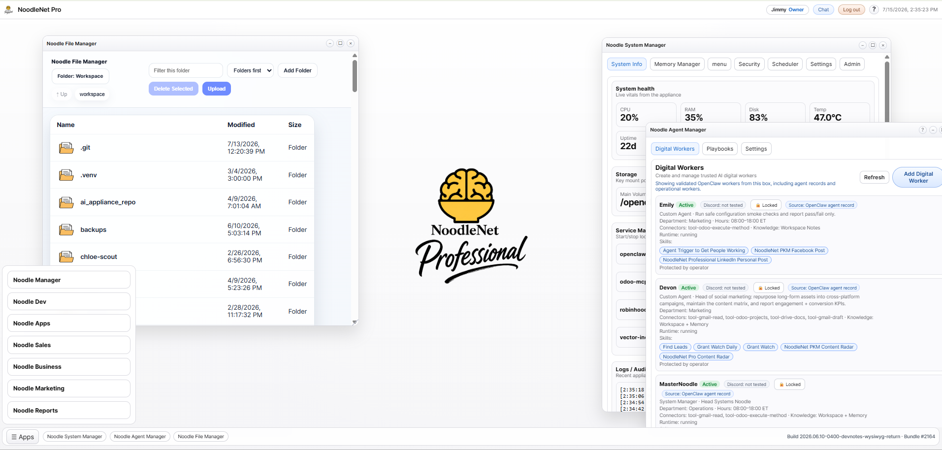 NoodleNet workspace showing files, system health, agents, and business tools