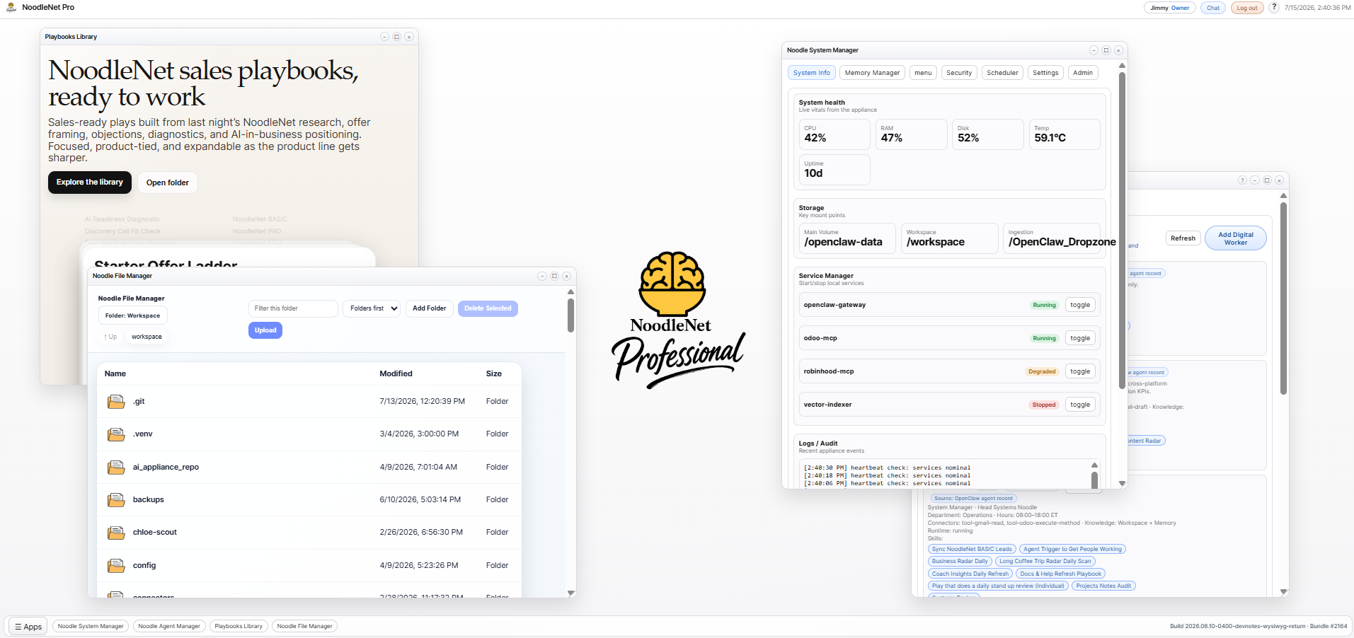 NoodleNet workspace showing playbooks, system health, files, and digital workers