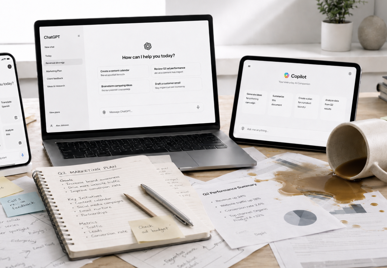 Laptop, phone, and tablet showing AI work prompts beside handwritten marketing notes and a spilled coffee cup